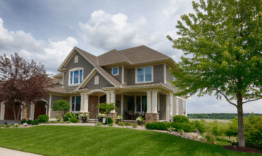 Custom-built home in Michigan showcasing unique architectural design, landscaped front yard with greenery, and inviting entrance, representing Essex Custom Homes' new build services.